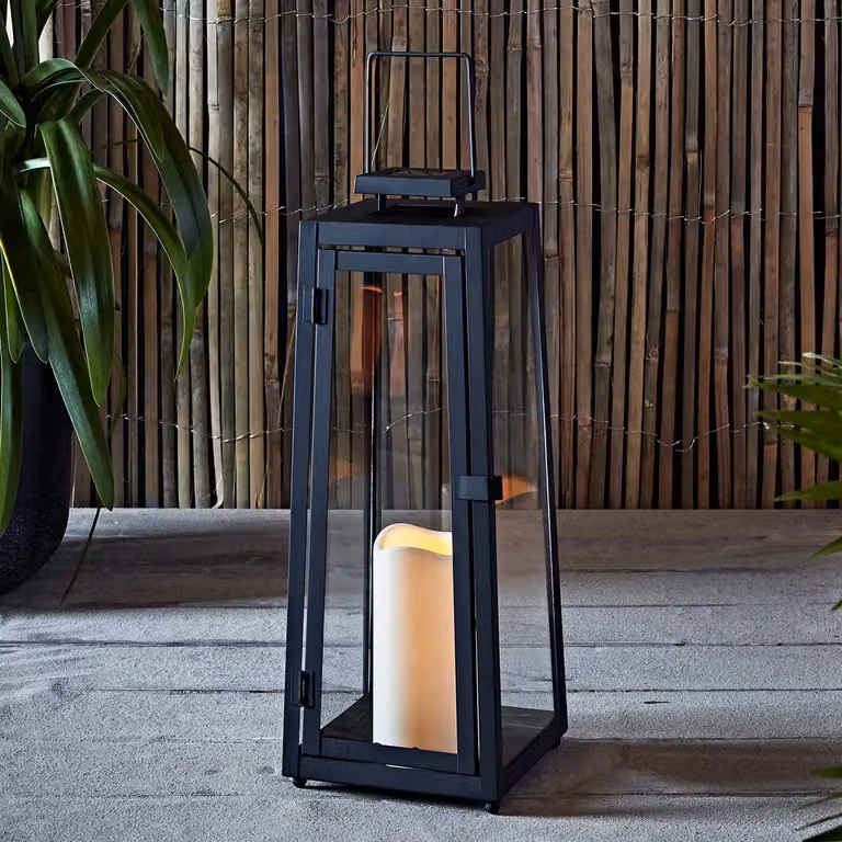 Lights4fun Porto Large Solar Metal Garden Lantern in Anthracite and Black, H 39.5 cm x W 15 cm x D 15 cm