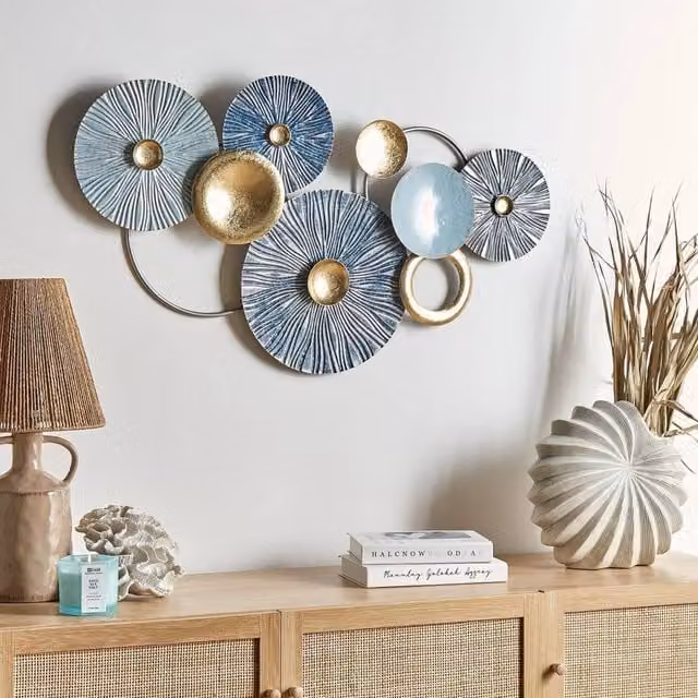 Wyld and Coco Handcrafted Geometric Abstract Metal Wall Art in Blue and Gold, W: 90 cm, H: 70 cm