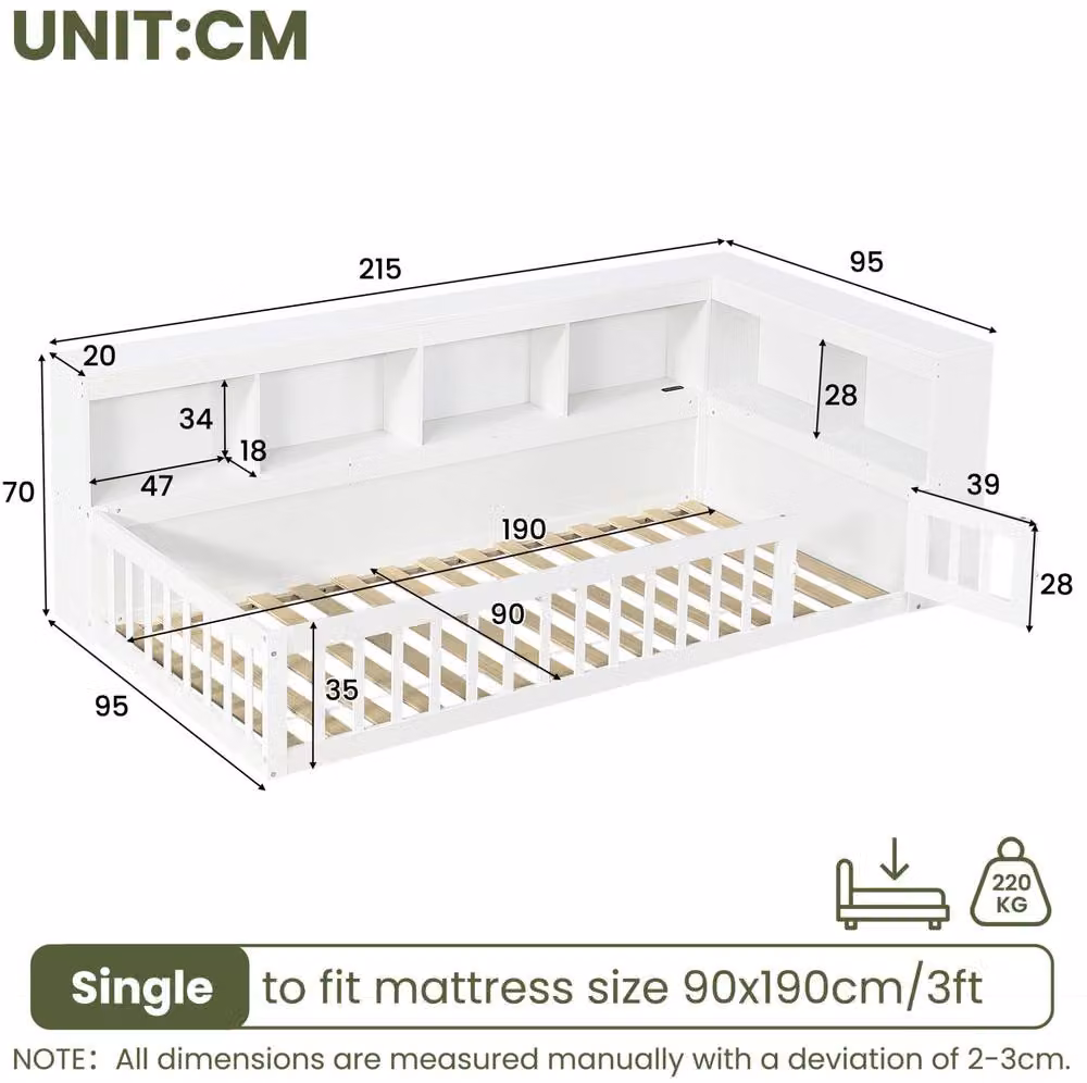 STILVORA Single Floor Bed Frame with Storage, USB Charging Port and Bedside Shelf, White, W/D/H: 90 x 190 cm – 2