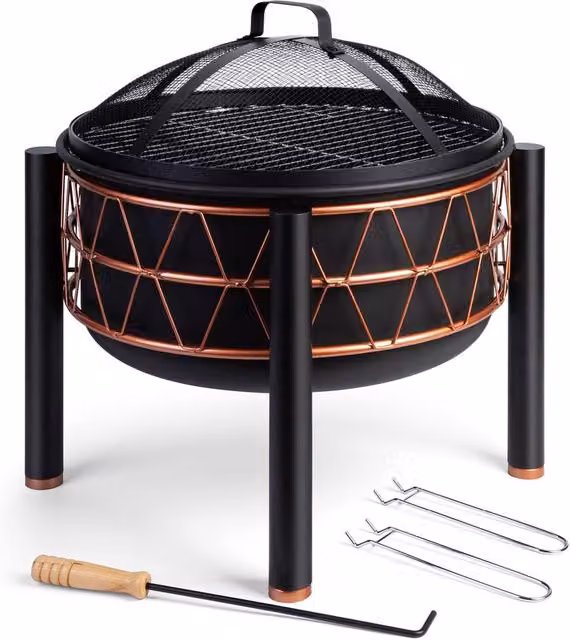 VonHaus Copper Rim Steel Fire Pit Bowl in Black, W: 54.0 cm, D: 53.0 cm, H: 54.0 cm