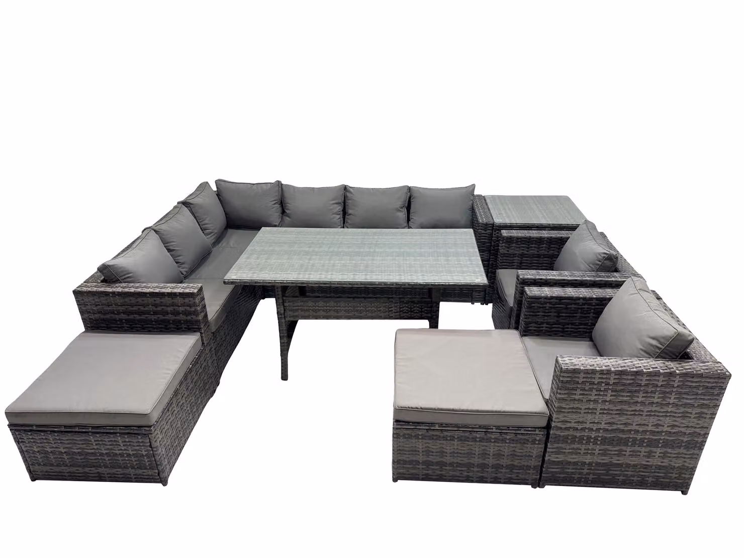 Fimous Dark Grey PE Rattan Outdoor Sofa Set with 2 Ottomans, Coffee Table and Upholstered Cushions – 2