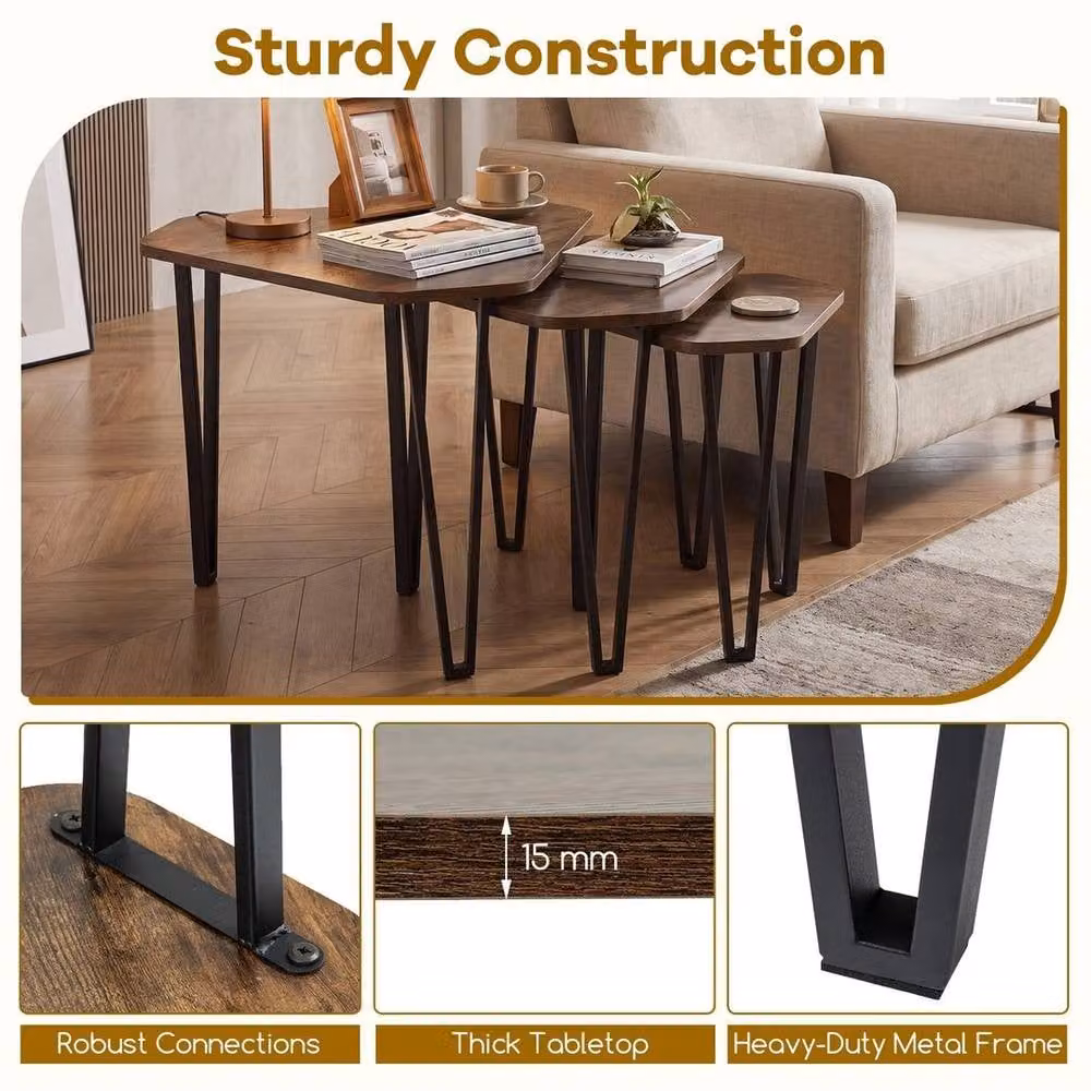 KORVIXA Modern Brown Wooden Stacking End Table Set of 3 with Nested Tops and Square Rounded Design – 4