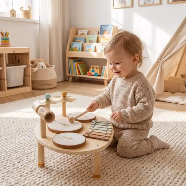 AIYAPLAY Wooden Baby Drum Kit Musical Percussion Instrument for Kids in Brown and Yellow