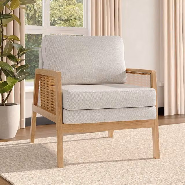 Livingandhome Rustic Wooden Armchair with Woven Rattan Armrests and Fabric Cushion in Beige