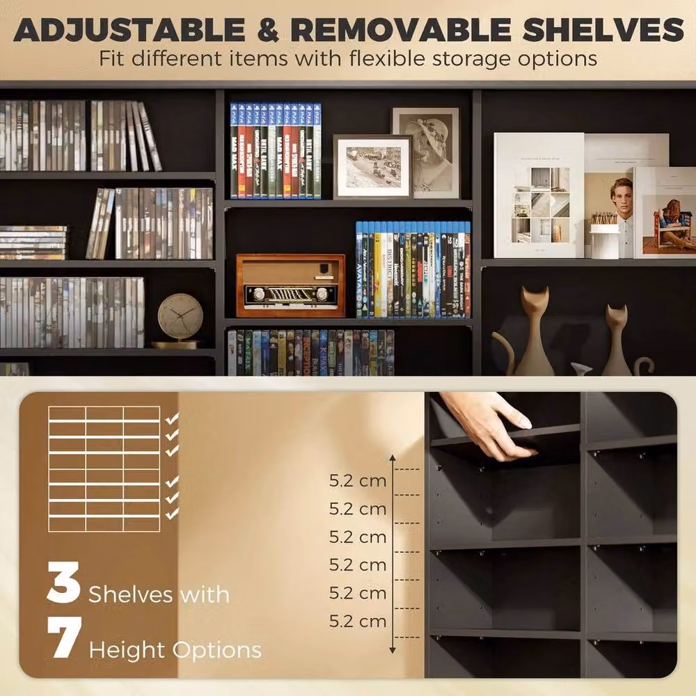 PAWNORA Minimalist Black Media Storage Unit with Adjustable Shelves and Back Panel – 3