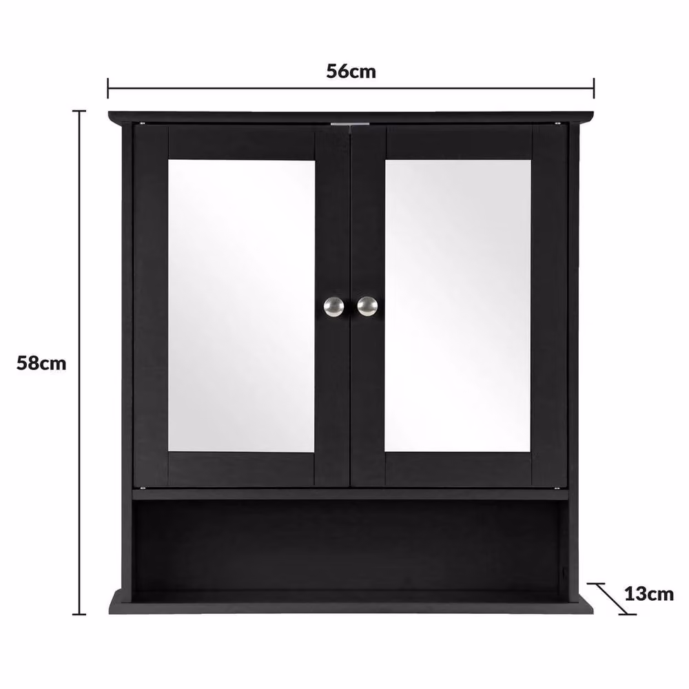 FORGEVIO Black Wooden Double Mirror Cabinet with Internal Shelves for Bathroom Wall Mounting – 2