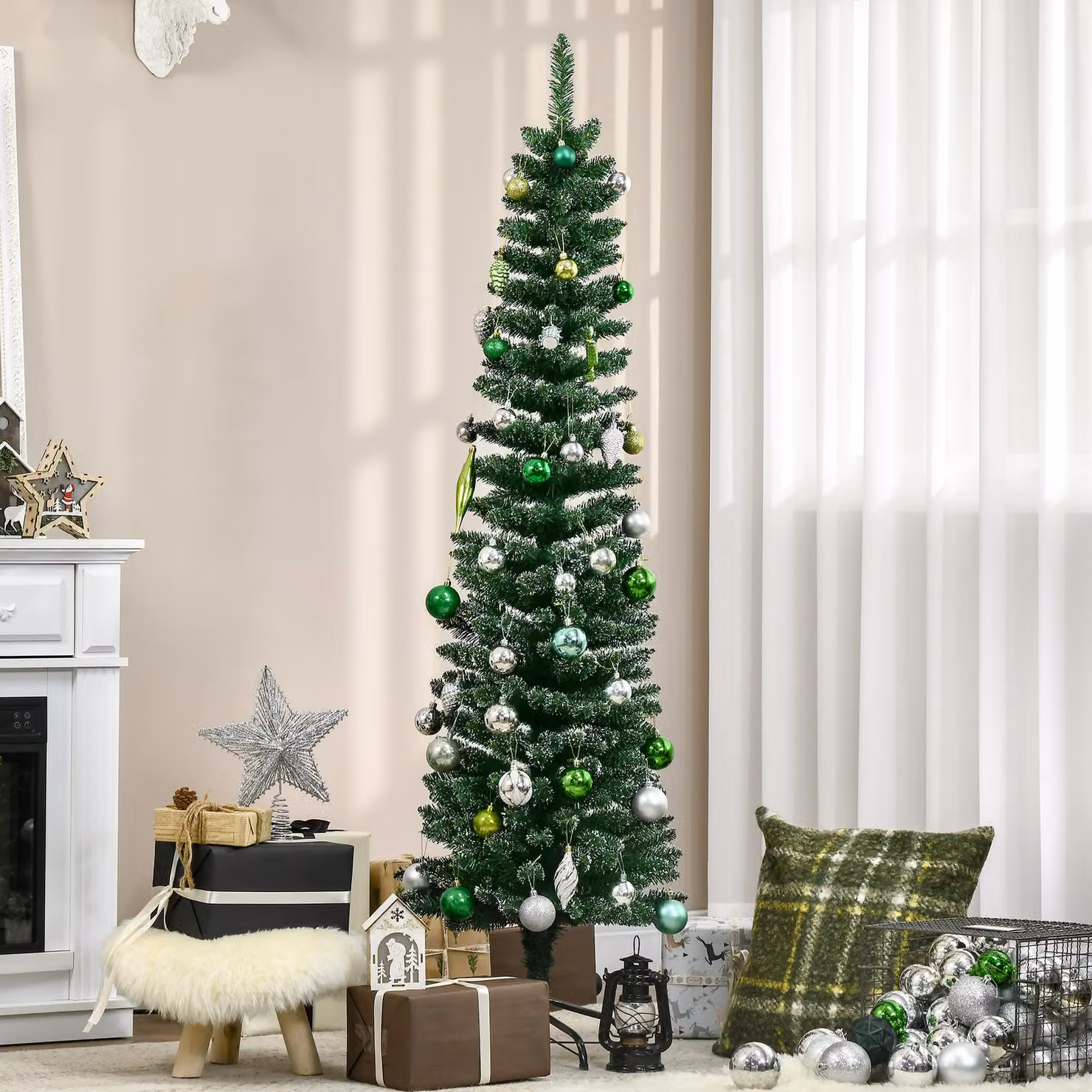 HOMCOM 5.5ft Artificial Snow Dipped Christmas Pencil Tree in Green and White with Black Stand – 2