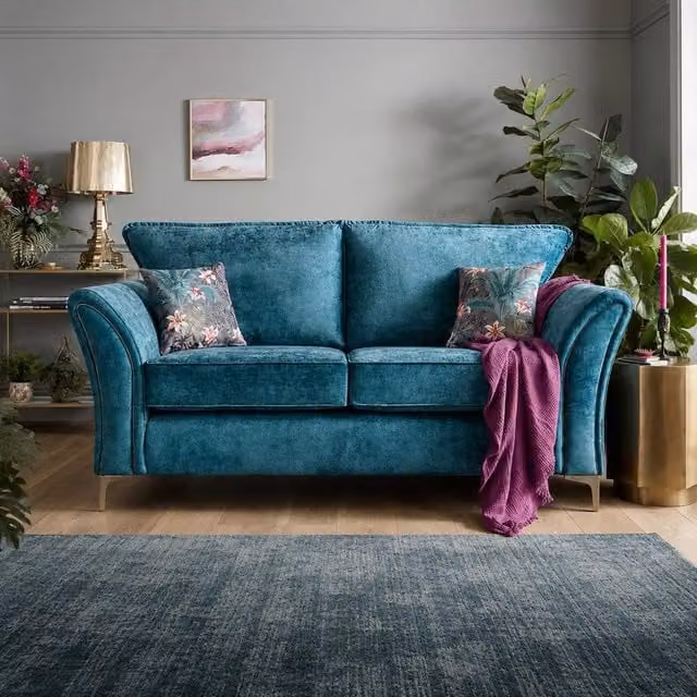Stratus Interiors Pasha L-Shape Modern Upholstered Fabric and Velvet Sofa in Petrol Blue with Scatter Cushions and Solid Wood Frame