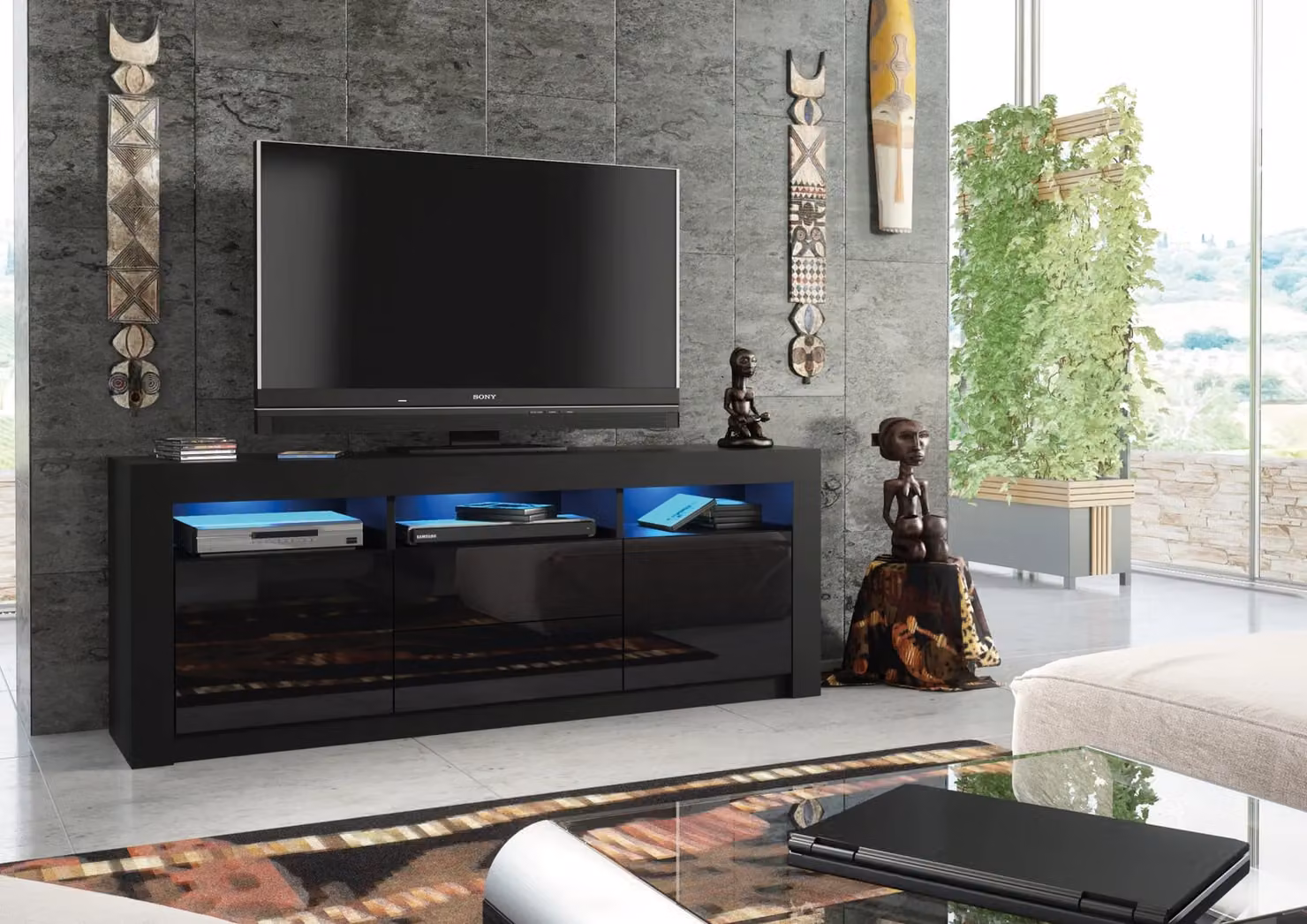 Creative Furniture Shine TV Unit in Black with Glossy Doors and LED Lights, W: 160 cm, H: 60 cm, D: 35 cm – 2