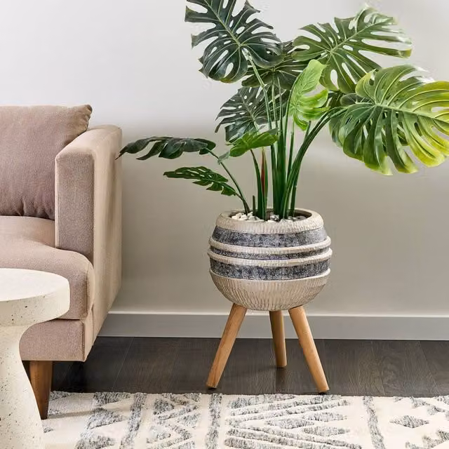 Wyld and Coco Round Beige and Grey Fibre Clay Planter with Beechwood Base, H 52.0 cm x W 38.0 cm x D 38.0 cm – 1