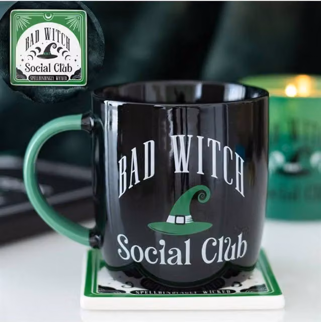 KDMD Bad Witch Social Club Ceramic Mug and Coaster Set in Black and Green