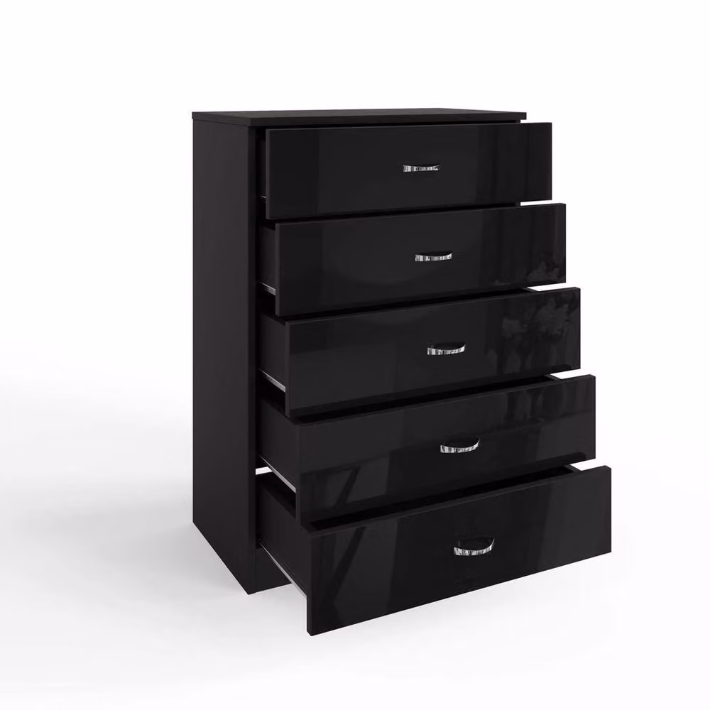FORGEVIO Black Gloss 5 Drawer Tall Chest of Drawers with Matt Metal Handles – 4