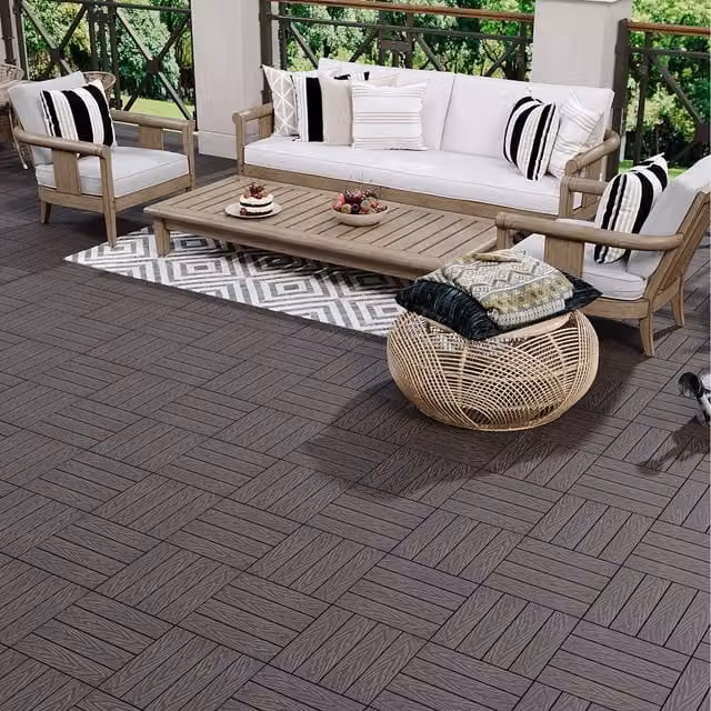 Livingandhome Set of 11 Dark Brown Wood Grain Interlocking WPC Deck Tiles