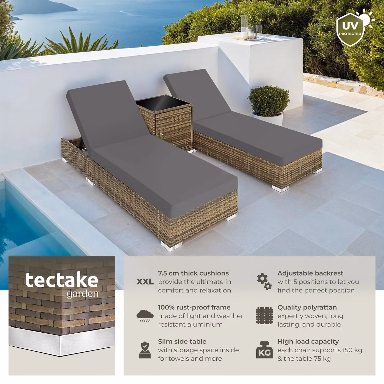 tectake Nautica Set of 2 Aluminum Rattan Lounge Chairs in Natural with Weatherproof Cushions and Side Tray – 2