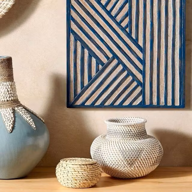 Wyld and Coco Handwoven Rattan Tabletop Vase in White and Grey, H 24 cm x W 24 cm x D 22 cm