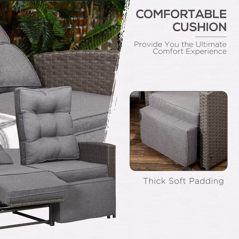 Wyld Haus Grey 4 Seater Rattan Outdoor Sofa Set with Reclining Chairs and Glass Table – 4