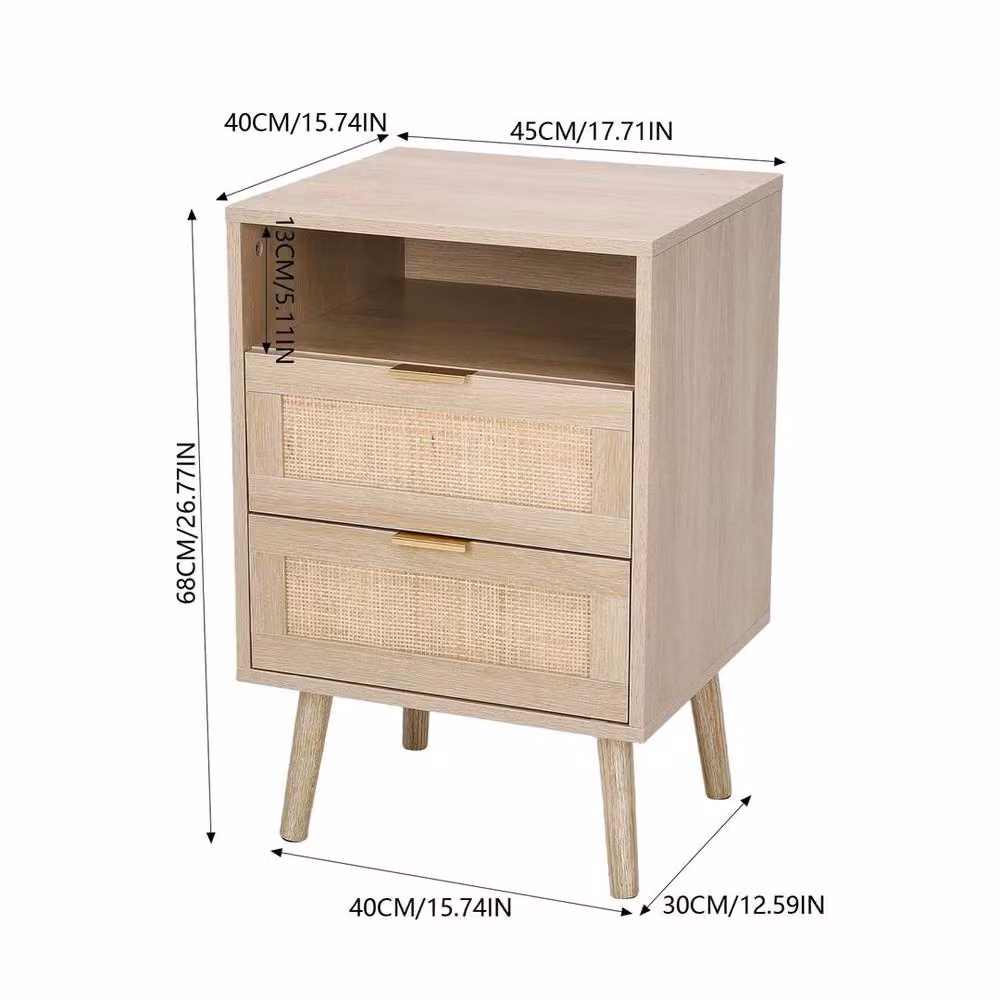 KORVIXA Boho Style Bedside Table with 2 Rattan Drawers in Natural Brown – 2
