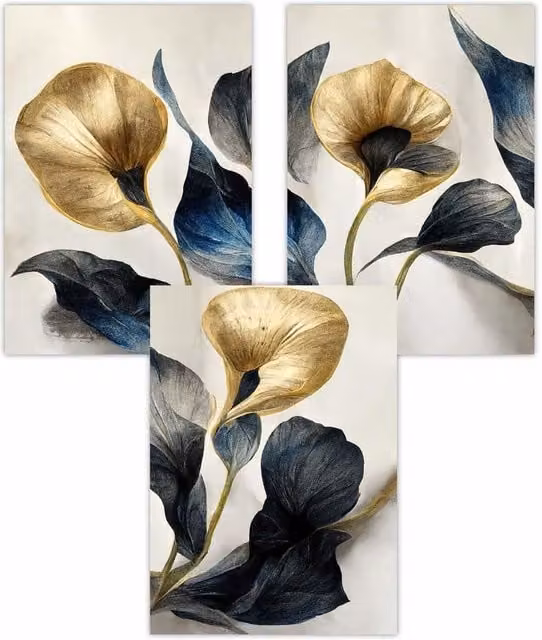ARTZE Set of 3 Abstract Floral Art Posters in Blue and Gold, W: 30 cm, H: 42 cm