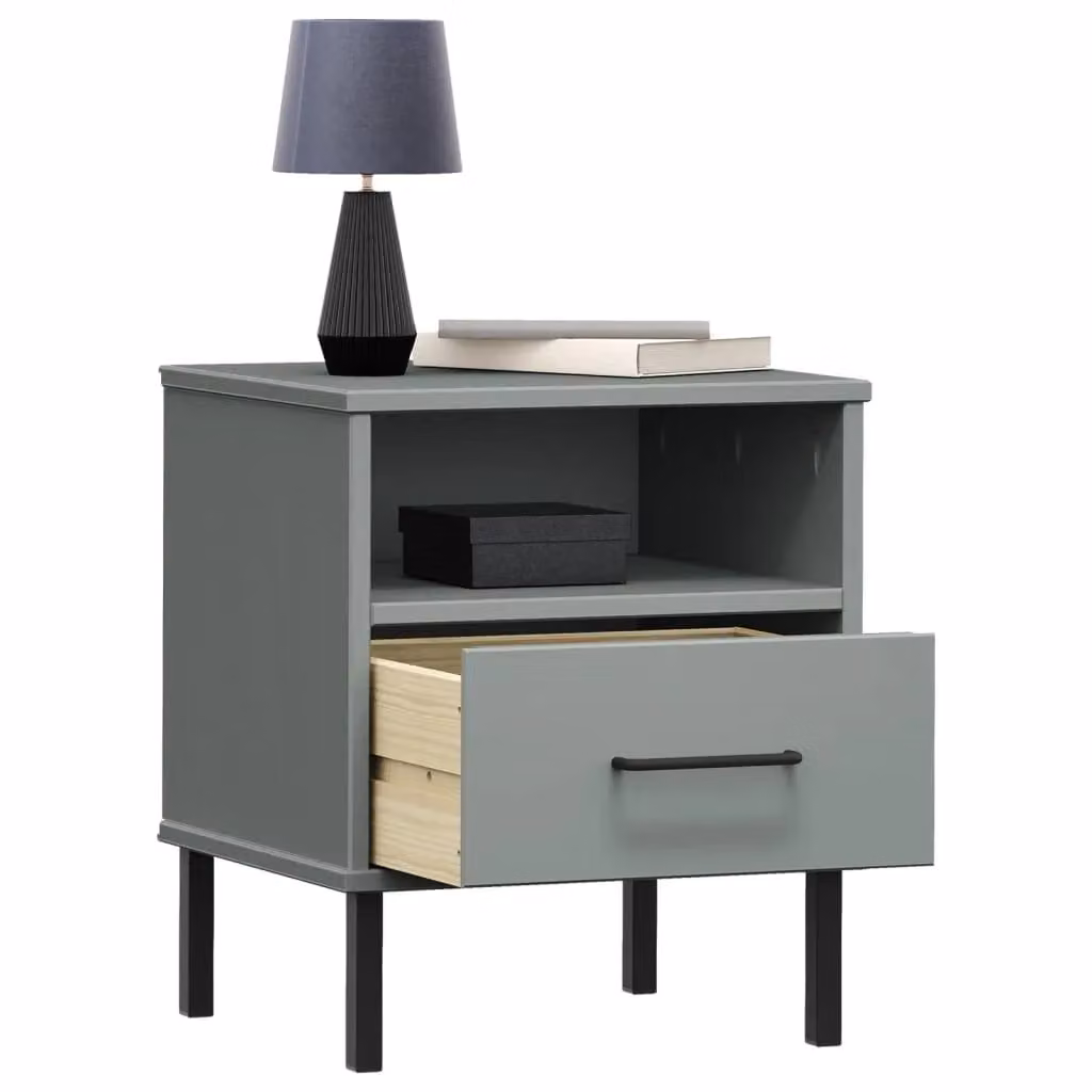 Berkfield Home Oslo Bedside Cabinet in Grey Solid Pine Wood with Metal Legs – 3