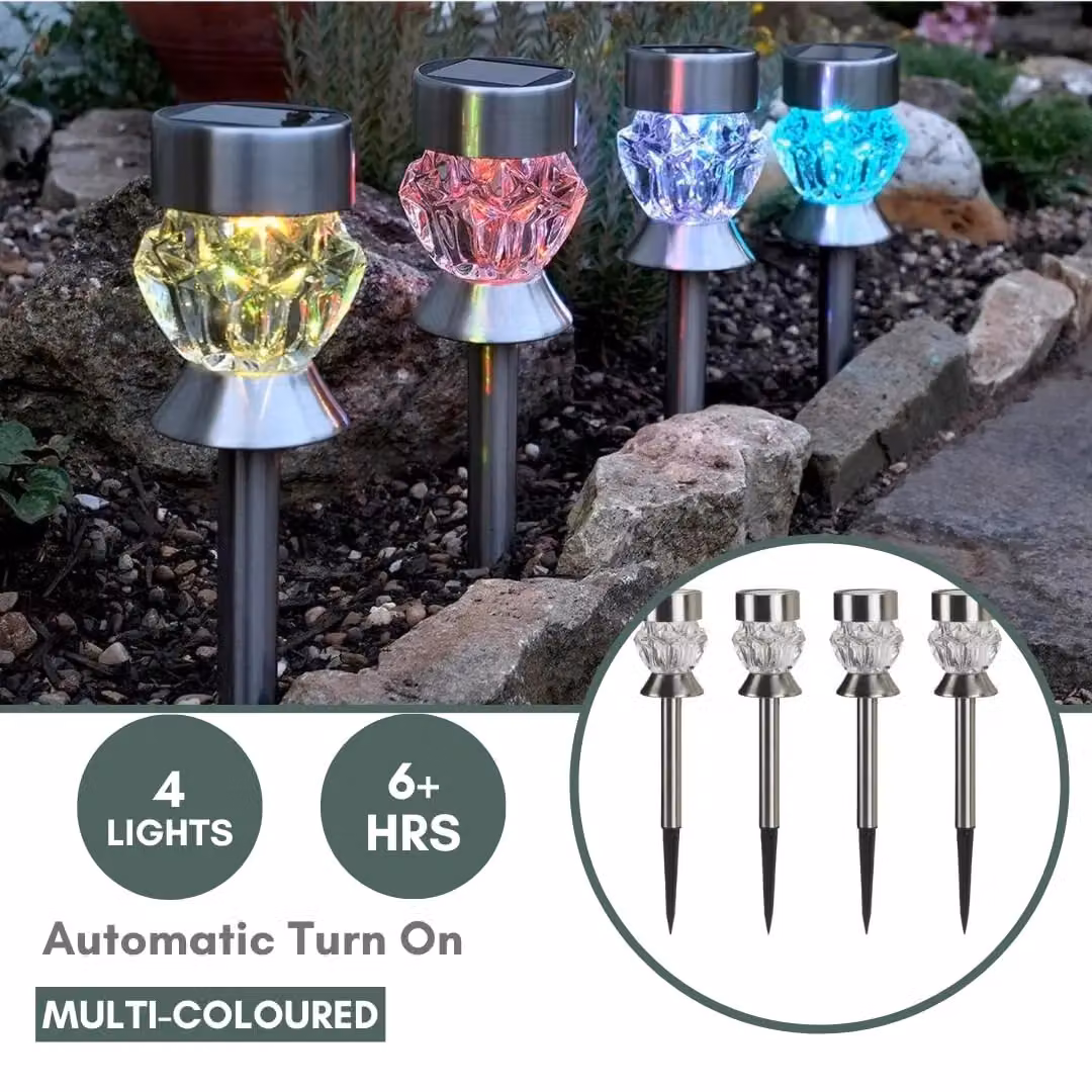 Marco Paul 4pc Silver Solar LED Garden Stake Lights with Crystal Glass and Dusk Sensor – 3