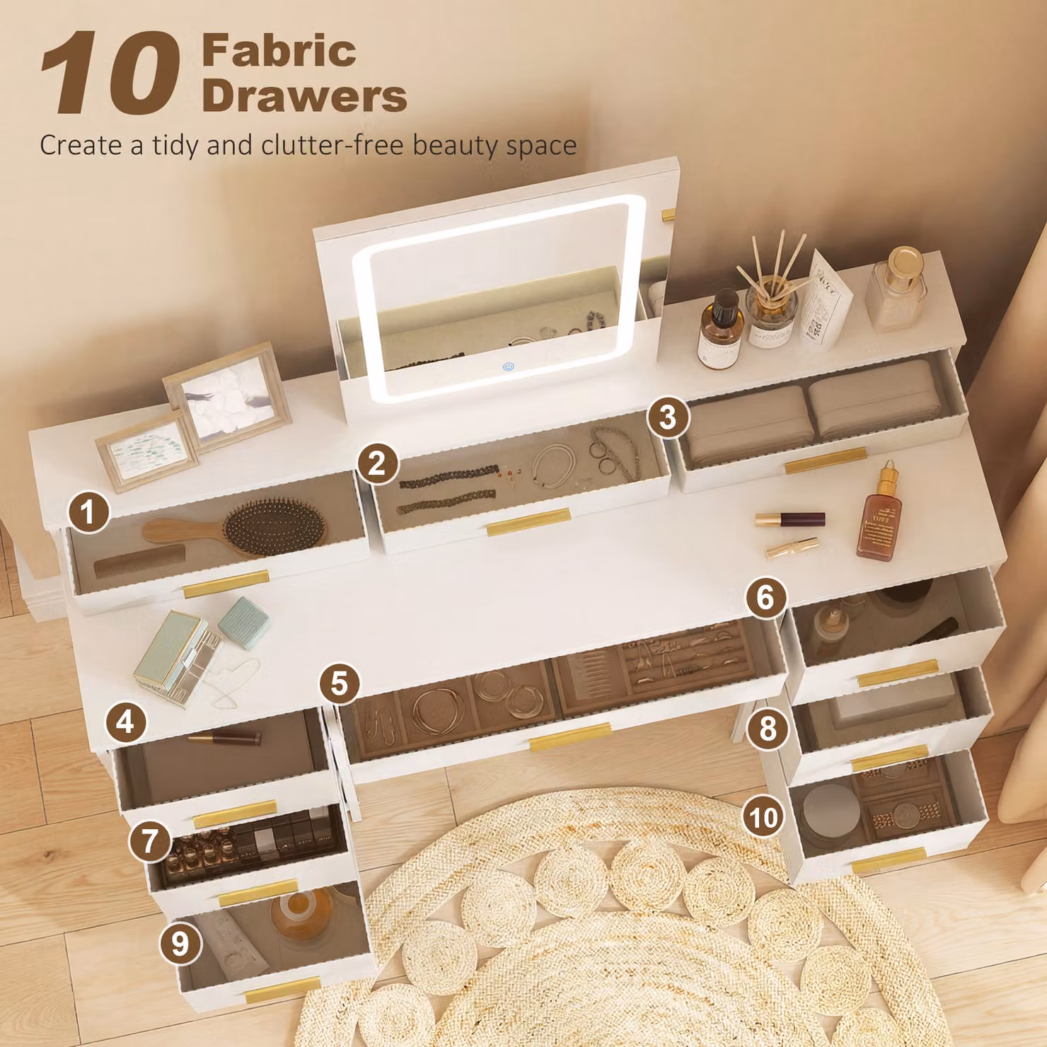 HOMCOM Elegant Multi-Storage Dressing Table with LED Mirror in White and Gold – 2