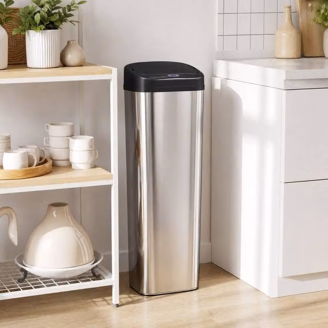 STILVORA 50L Sensor Bin with Bag-Fixing Ring in Silver Stainless Steel – 1
