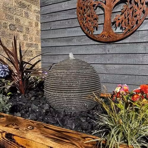 Tranquility Black Sandstone Ribbed Sphere Solar Powered Natural Stone Water Feature, W/D/H: 40 x 40 x 40 cm – 1