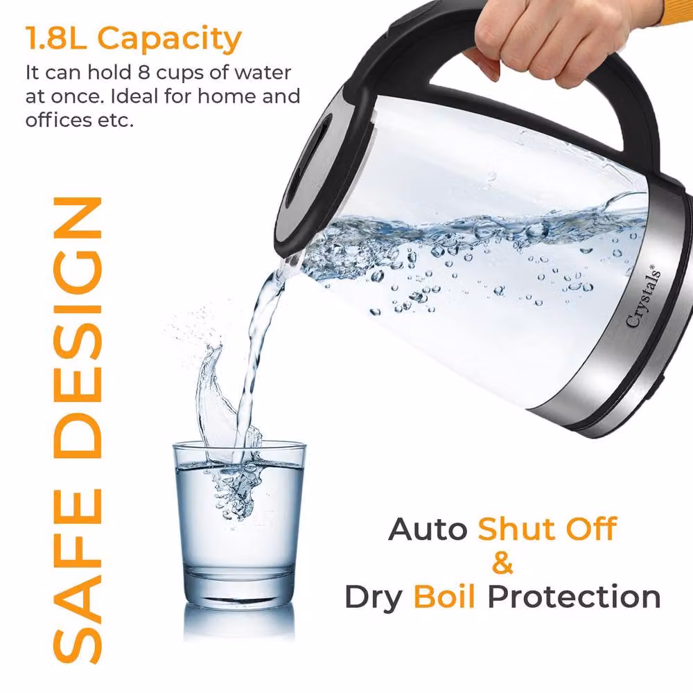 Crystals 1.8L Glass Electric Kettle with 360 Degree Base and Blue LED Light, 1500W, Clear, Diameter: 24 cm – 4
