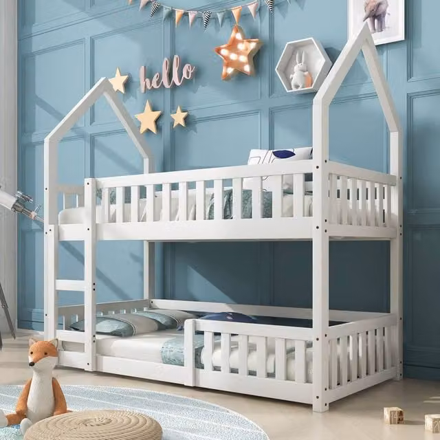 Merax White Wood House Bunk Bed with Ladder for Children, W/D/H: 90 x 190 x 192 cm