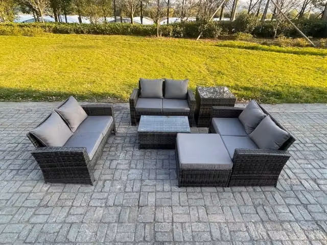 Fimous 7 Seater Dark Grey Rattan Garden Furniture Set with Rectangular Coffee Table and Footstool