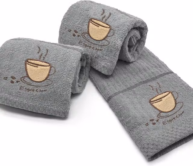 Kitchen Trends Pack of 3 Coffee Espresso Embroidered Cotton Tea Towels, Grey, Black and White