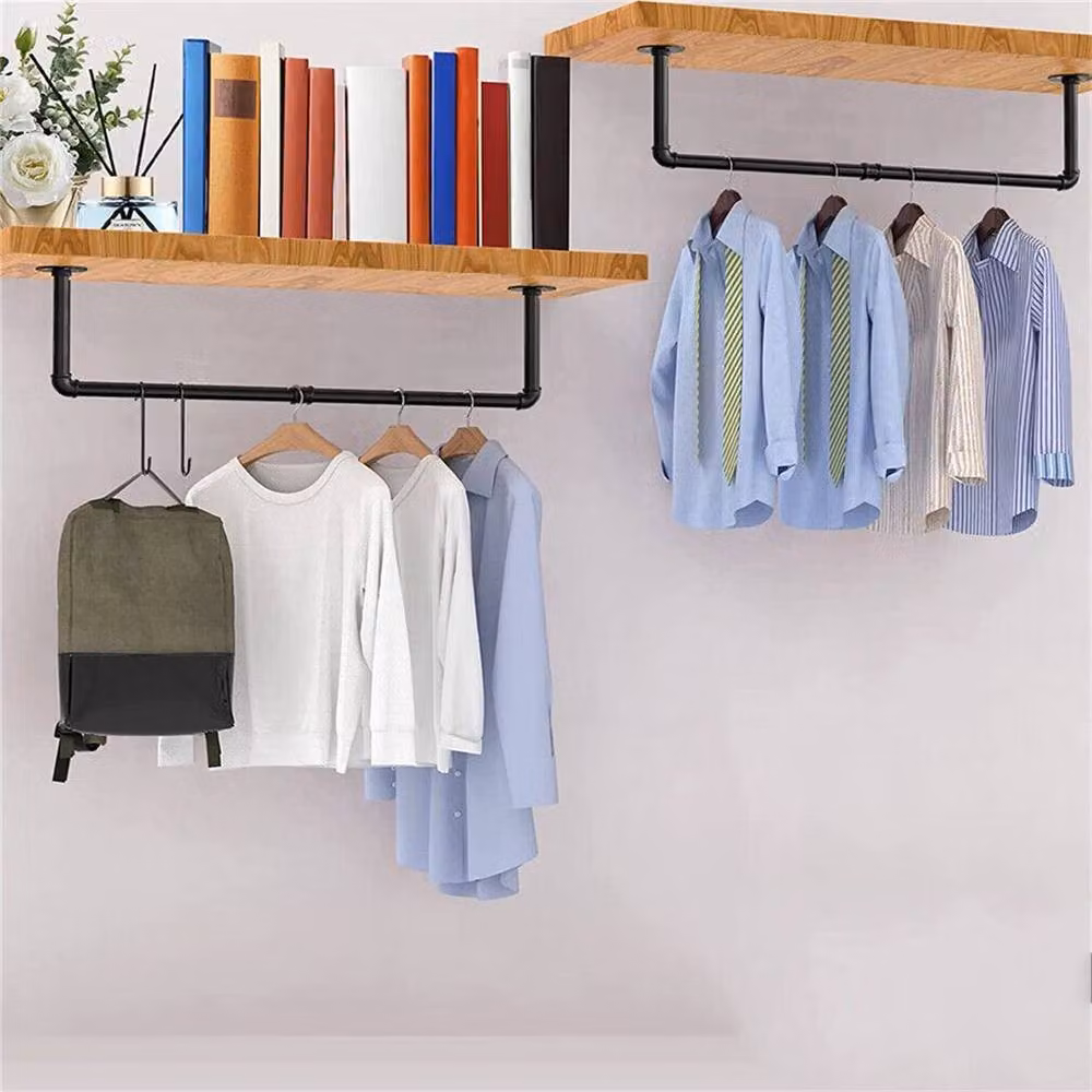 FLAVORA 2-Piece Matt Black Industrial Metal Pipe Clothes Rail Rack, Height: 92 cm – 3