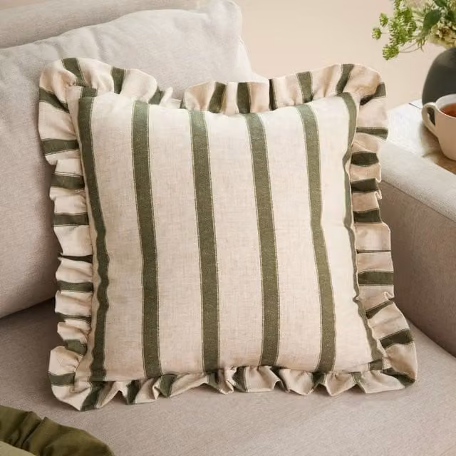 Wyld Haus Connie Square Striped Linen Ruffle Cushion in Green, W x D: 45 x 45 cm – 1