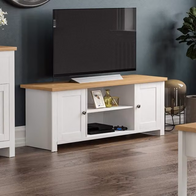 Vida Designs Arlington 2 Door TV Unit with Shelf, White, H 49 x W 128 x D 39 cm – 1