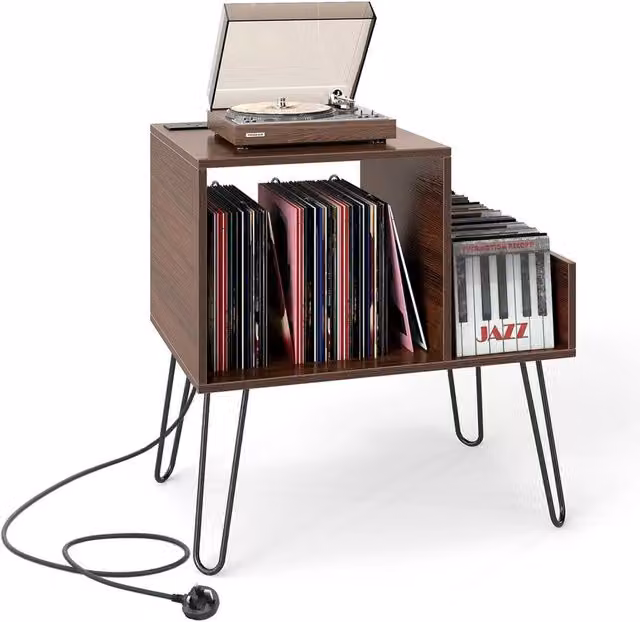 VOGREX Walnut Turntable Record Player End Table with Rotating Top in Brown