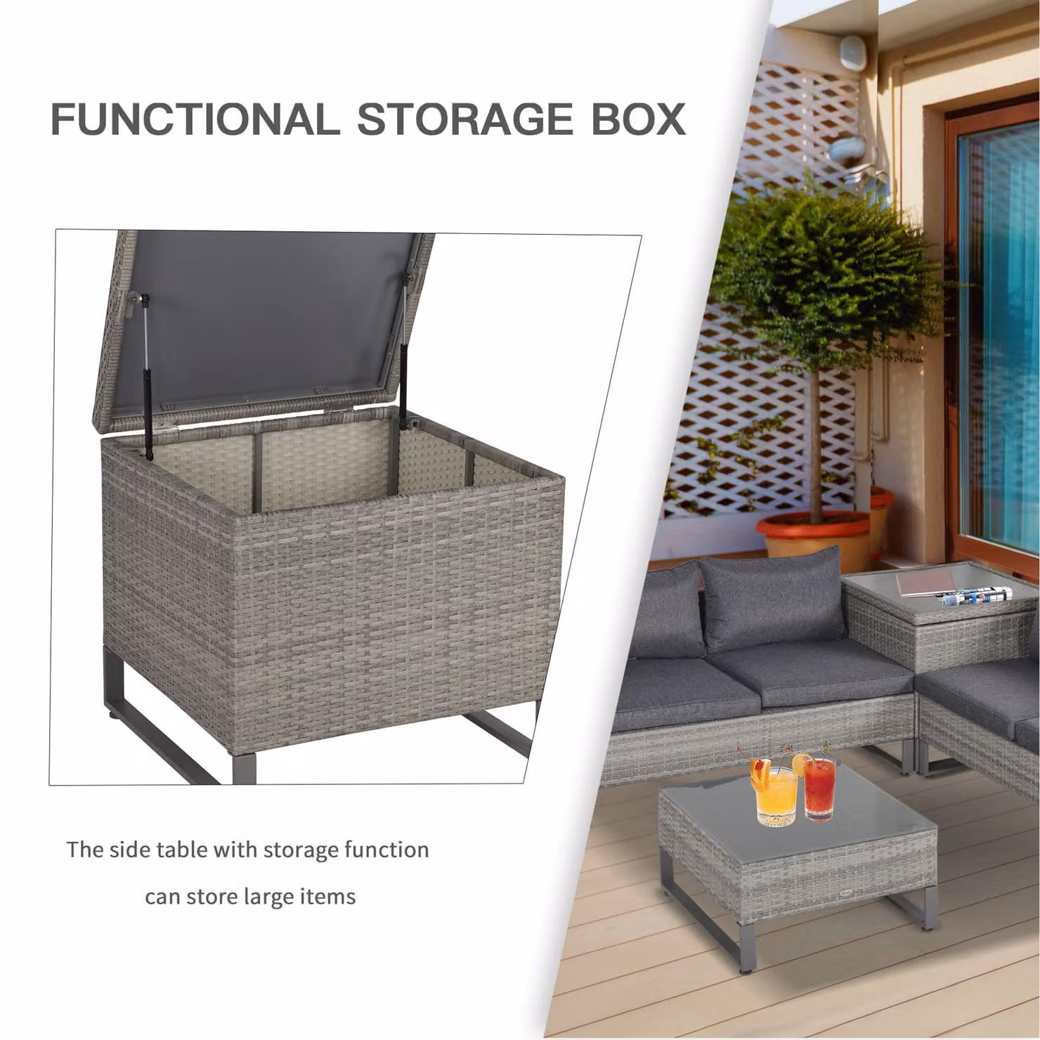 Outsunny Grey PE Rattan Wicker 4-Seater Garden Furniture Set with Coffee Table and Side Storage Box – 6