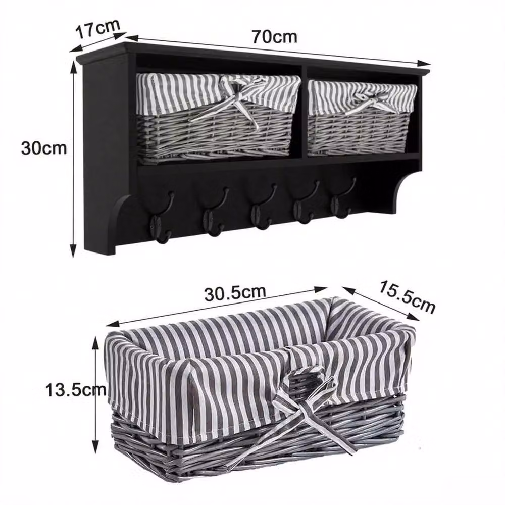 KORVIXA Black Wall Mounted Coat Rack with Rattan Shelf, W/D/H: 100 x 100 x 100 cm – 2