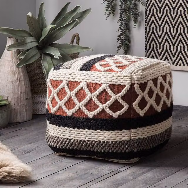 Wyld and Coco Multicolour Braided Macrame Pouffe in Cotton and Wool with Geometric Boho Design – 1