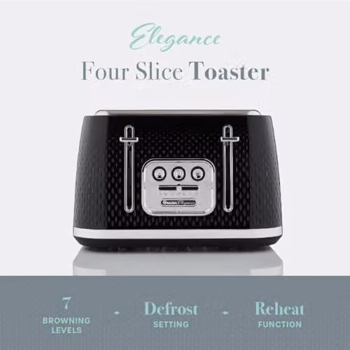Swan ST19025BLK Elegance 4 Slice Toaster, 2100W, Black – 2