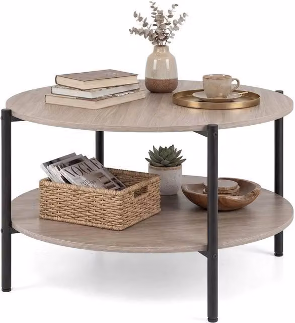 Kelvenix Round 2-Tier Coffee Table in Grey with Rustic Wood and Metal Frame