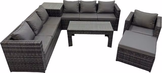 Fimous 8 Seater L-Shape Rattan Garden Furniture Set in Dark Grey with Upholstered Lounge Armchairs, Ottoman and Coffee Table – 1