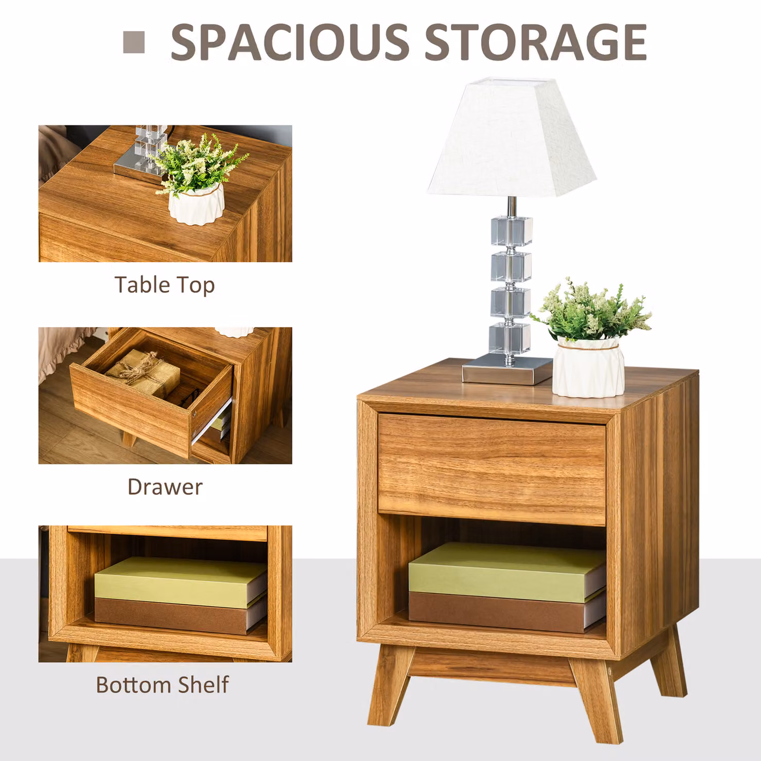 HOMCOM Set of 2 Modern Walnut Brown Nightstands with Drawer and Shelf – 4