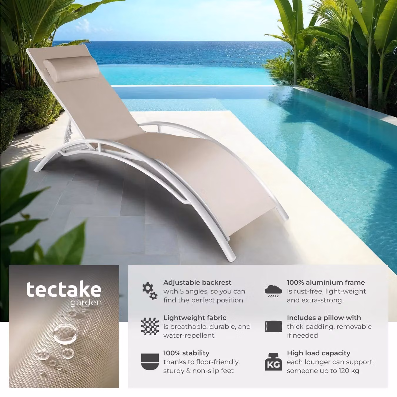 tectake Alina 2 Seater Sun Lounger Set in Beige with Powder Coated Aluminium Frame and Textilene Fabric – 2
