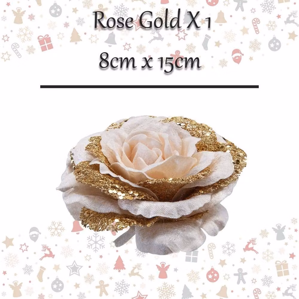 VFM e-Store Rose Head with Clip Decoration, Gold and Multicolour Floral Christmas Ornament, H 15 cm x W 8 cm – 2