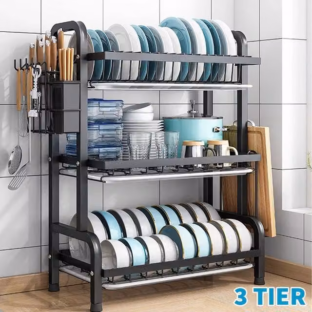 SPETLEK 3 Tier Dish Drainer Rack with Drip Tray and Cutlery Holder in Black – 1