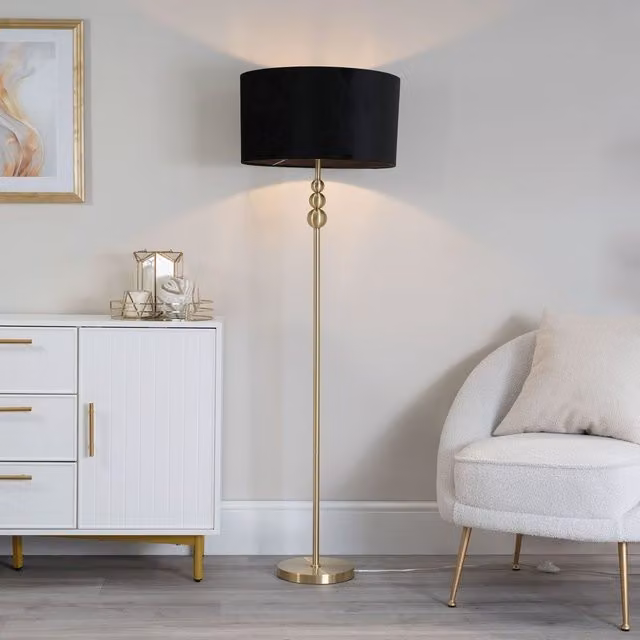 ValueLights Gold Stacked Ball Floor Lamp with Black Velvet Drum Shade and LED Bulb