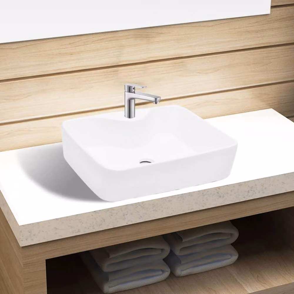 Berkfield Home White Ceramic Square Bathroom Sink Basin with Faucet Hole – 2