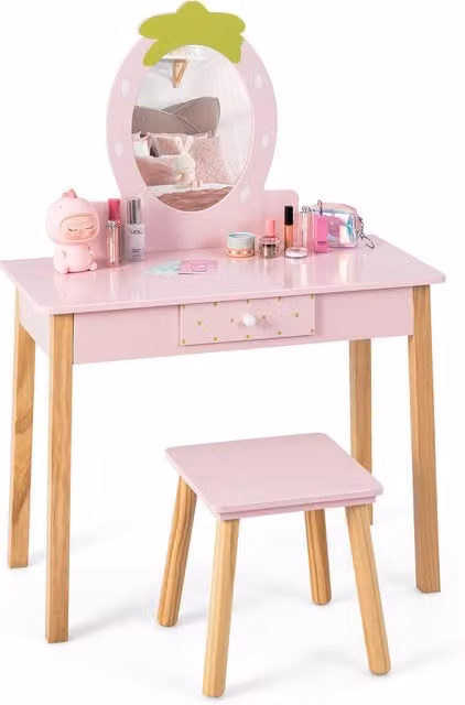 Costway 2-in-1 Childrens Vanity Table and Chair Set in Pink