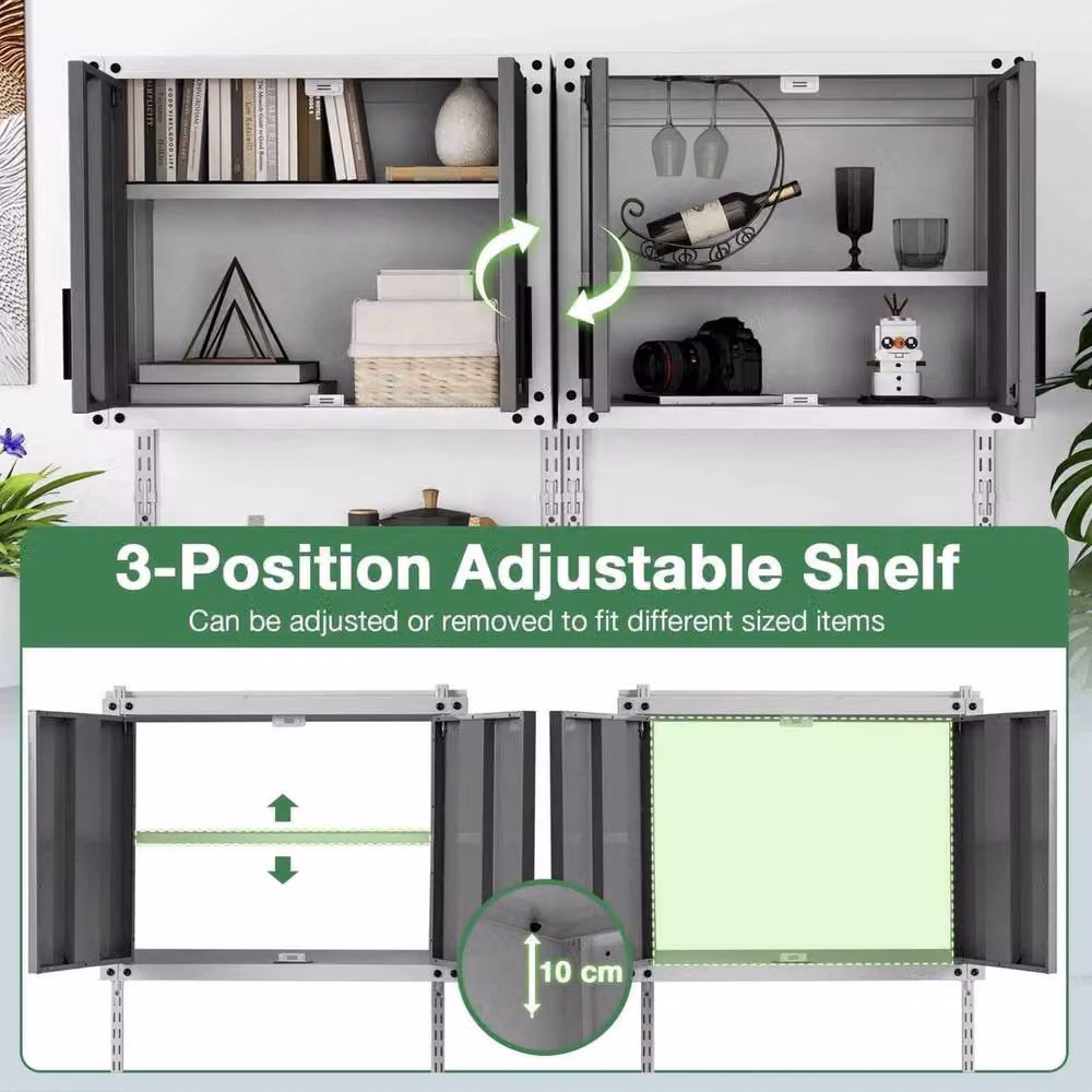 FORGEVIO Grey Metal Wall Mounted Garage Storage Cabinet with Lock and Internal Shelves – 3