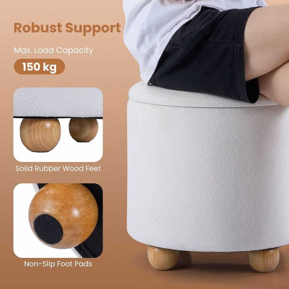 Costway Round Storage Ottoman in White Chenille Fabric with Rubberwood Frame, Diameter: 45 cm – 3